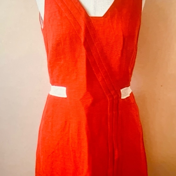 Rag and Bone Linen Cotton Asymmetrical V-Neck Dress in Orange and White - Picture 5 of 6